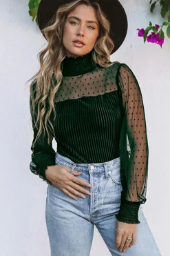 New Dear-Lover Sheer Dotty Long Sleeve Ribbed Velvet Bodysuit Green