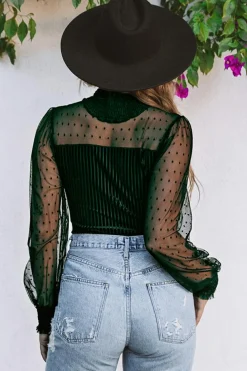 New Dear-Lover Sheer Dotty Long Sleeve Ribbed Velvet Bodysuit Green