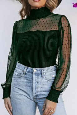 New Dear-Lover Sheer Dotty Long Sleeve Ribbed Velvet Bodysuit Green