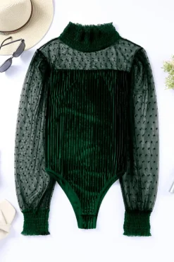 New Dear-Lover Sheer Dotty Long Sleeve Ribbed Velvet Bodysuit Green