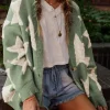 Discount Dear-Lover Sherpa Star Pattern Textured Sweater Cardigan with Pockets Green