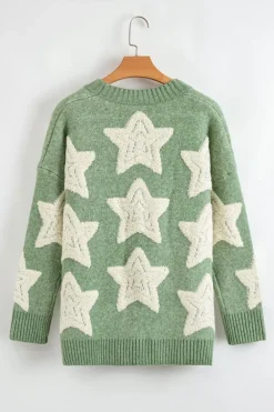 Discount Dear-Lover Sherpa Star Pattern Textured Sweater Cardigan with Pockets Green