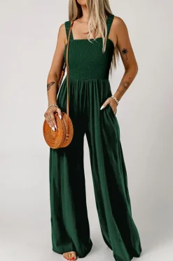 Discount Dear-Lover Smocked Sleeveless Wide Leg Jumpsuit with Pockets Green