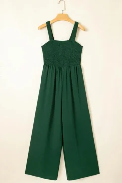 Discount Dear-Lover Smocked Sleeveless Wide Leg Jumpsuit with Pockets Green