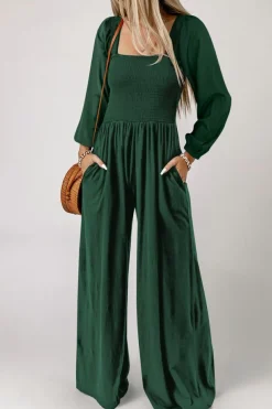 New Dear-Lover Smocked Square Neck Long Sleeve Wide Leg Jumpsuit Green