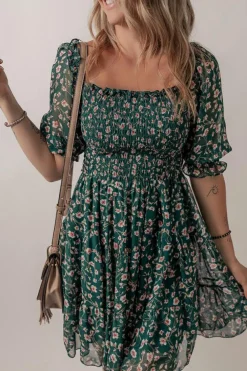 Online Dear-Lover Smocked Square Neck Puff Short Sleeve Floral Dress Green