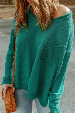 Fashion Dear-Lover Solid Color Off Shoulder Rib Knit Sweater with Pocket Green