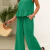 New Dear-Lover Solid Color Ribbed Ruffle Tank Top and Pants Set Green