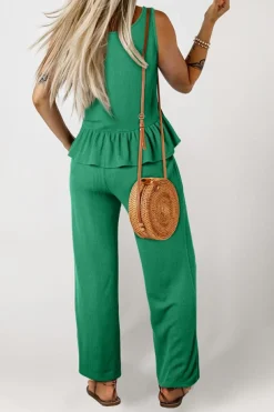 New Dear-Lover Solid Color Ribbed Ruffle Tank Top and Pants Set Green
