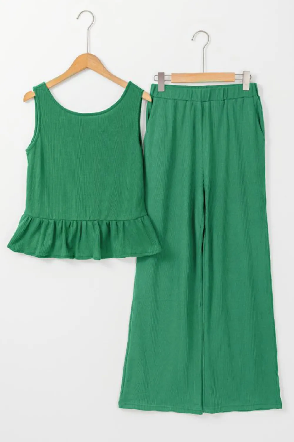 New Dear-Lover Solid Color Ribbed Ruffle Tank Top and Pants Set Green