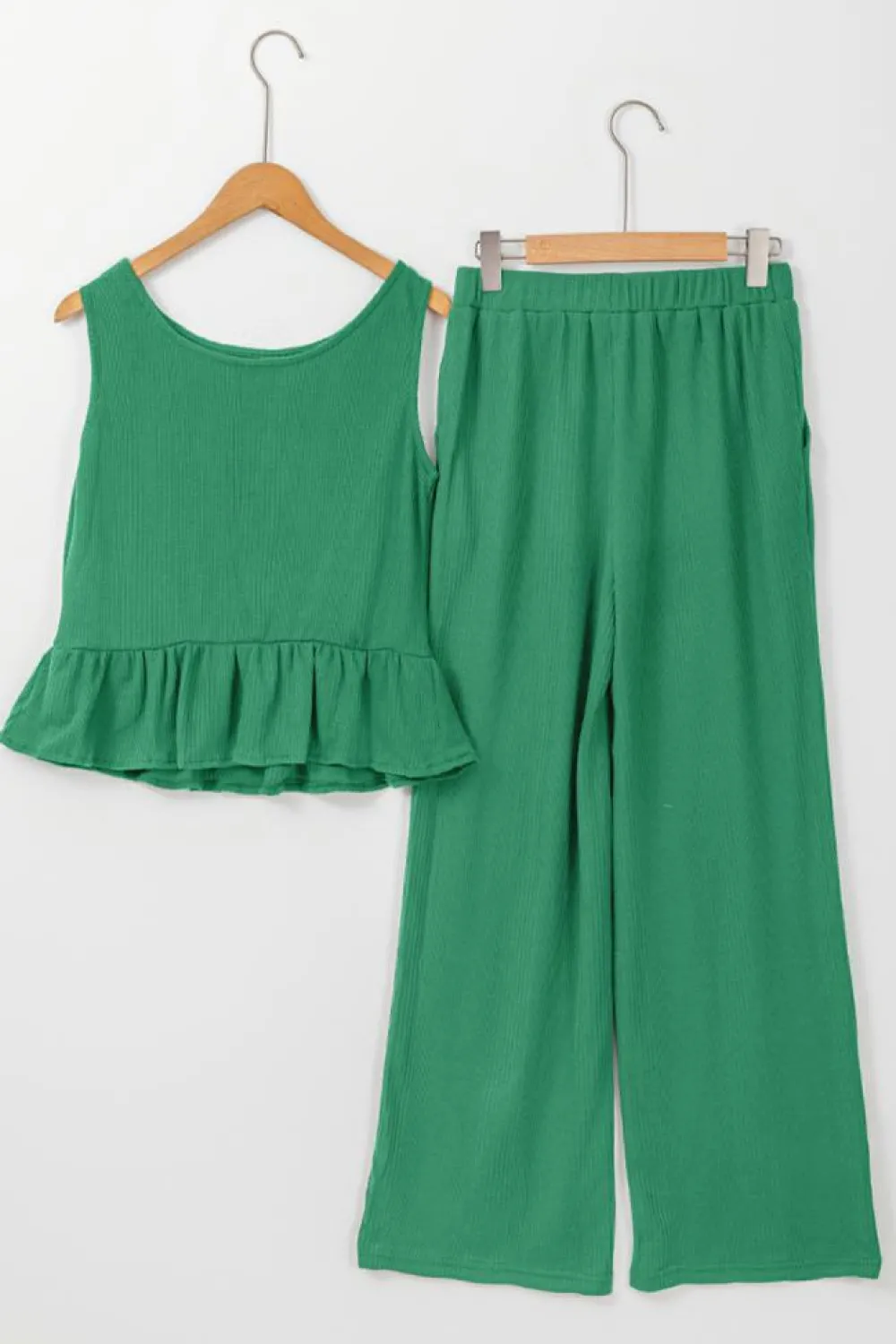 New Dear-Lover Solid Color Ribbed Ruffle Tank Top and Pants Set Green