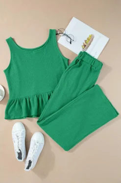 New Dear-Lover Solid Color Ribbed Ruffle Tank Top and Pants Set Green