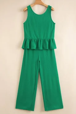 New Dear-Lover Solid Color Ribbed Ruffle Tank Top and Pants Set Green