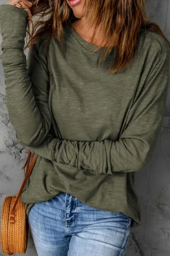 Online Dear-Lover Solid Crew Neck Long Sleeve Top Green