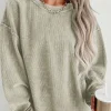 Best Dear-Lover Solid Ribbed Knit Round Neck Pullover Sweatshirt Green