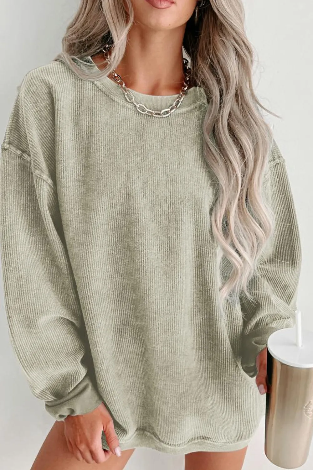 Best Dear-Lover Solid Ribbed Knit Round Neck Pullover Sweatshirt Green