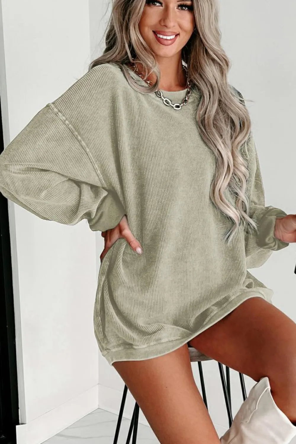 Best Dear-Lover Solid Ribbed Knit Round Neck Pullover Sweatshirt Green