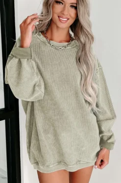 Best Dear-Lover Solid Ribbed Knit Round Neck Pullover Sweatshirt Green