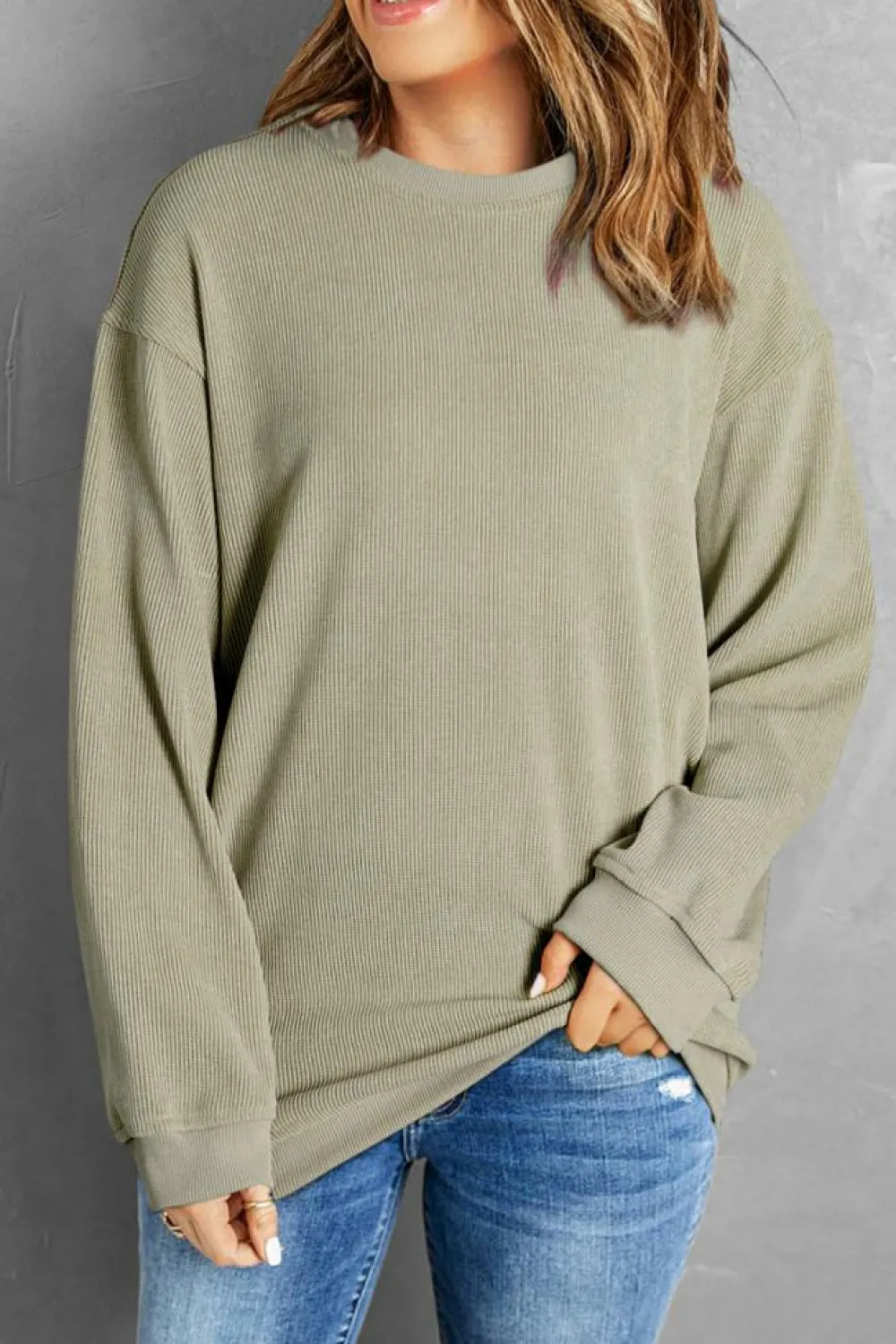 Best Dear-Lover Solid Ribbed Knit Round Neck Pullover Sweatshirt Green