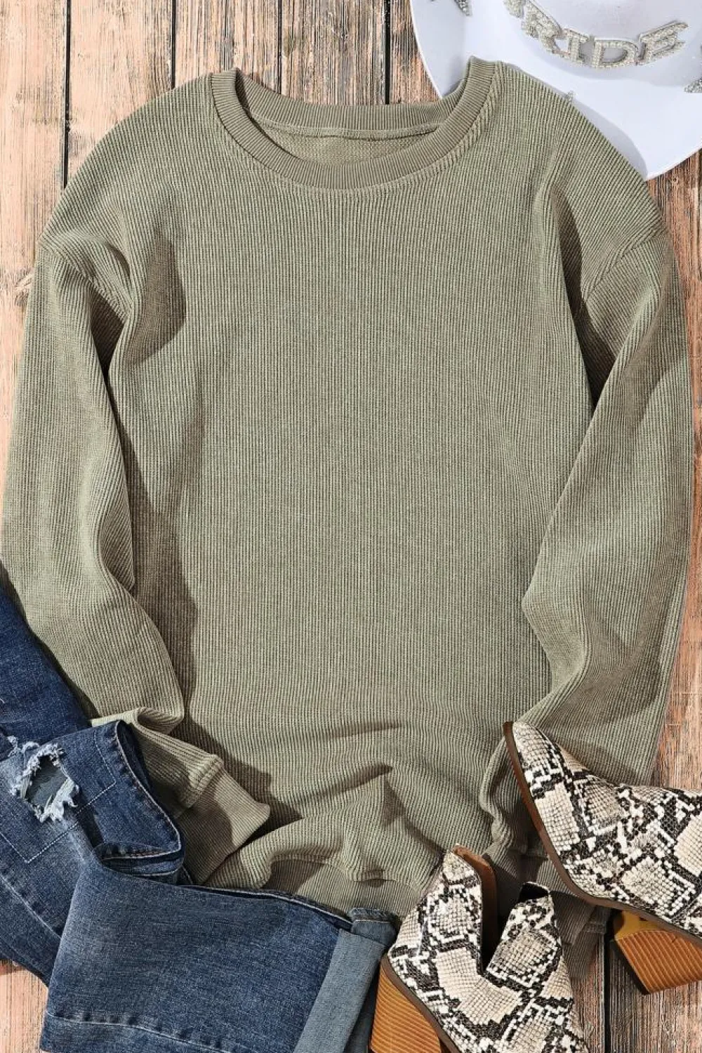 Best Dear-Lover Solid Ribbed Knit Round Neck Pullover Sweatshirt Green