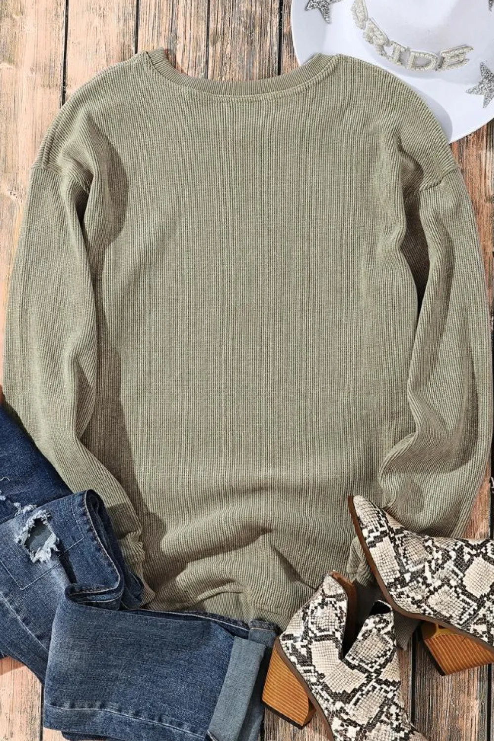 Best Dear-Lover Solid Ribbed Knit Round Neck Pullover Sweatshirt Green