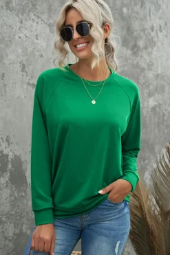 Hot Dear-Lover Solid Round Neck Raglan Sleeve Sweatshirt Green