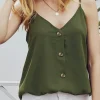 Fashion Dear-Lover Spaghetti Strap Buttoned Tank Top Green