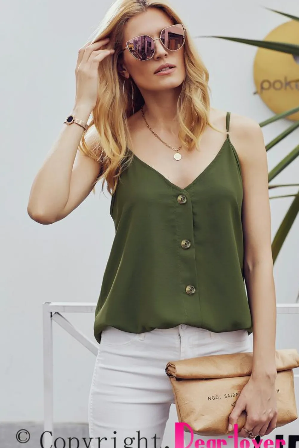 Fashion Dear-Lover Spaghetti Strap Buttoned Tank Top Green