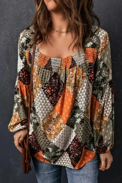 Clearance Dear-Lover Square Neck Mixed Print Blouse Green