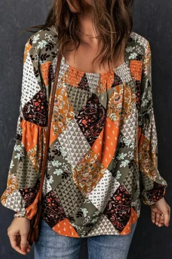 Clearance Dear-Lover Square Neck Mixed Print Blouse Green