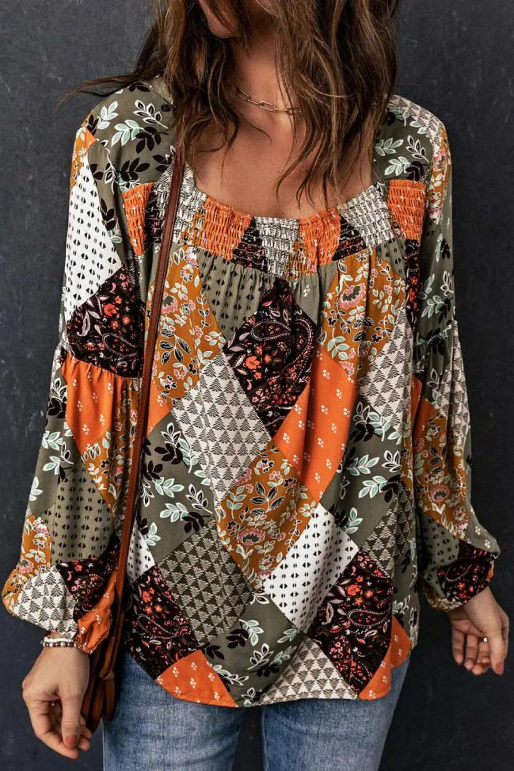 Clearance Dear-Lover Square Neck Mixed Print Blouse Green