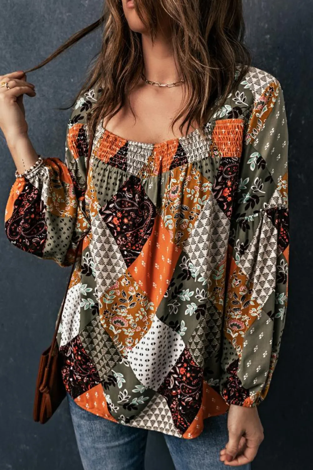 Clearance Dear-Lover Square Neck Mixed Print Blouse Green