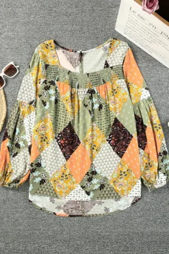 Clearance Dear-Lover Square Neck Mixed Print Blouse Green