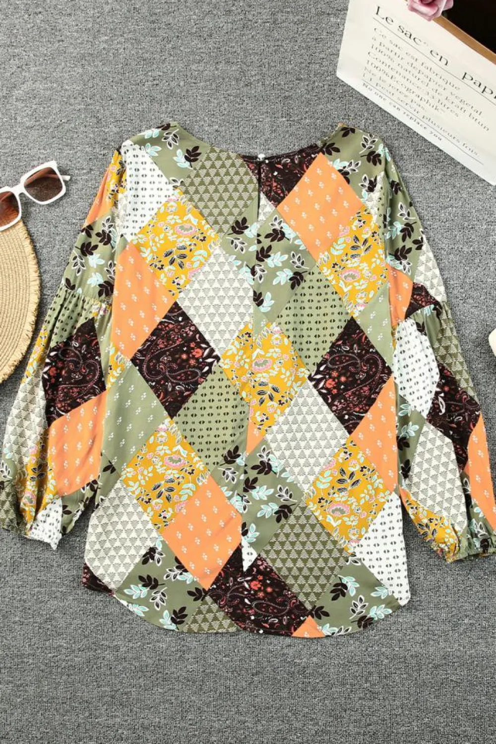Clearance Dear-Lover Square Neck Mixed Print Blouse Green