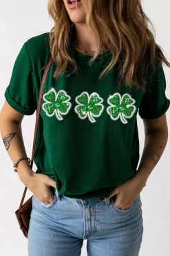 Online Dear-Lover St Patrick Clover Patch Sequin Graphic T-shirt Green