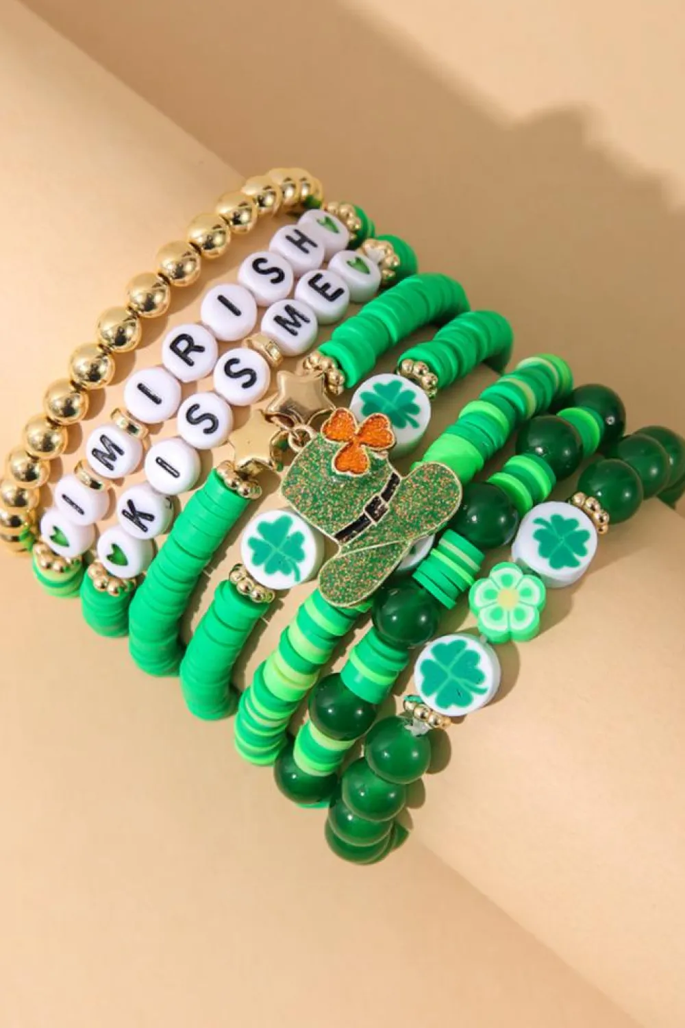 Fashion Dear-Lover St Patricks Shamrock Letter Beaded Multi Layer Bracelet Set Green