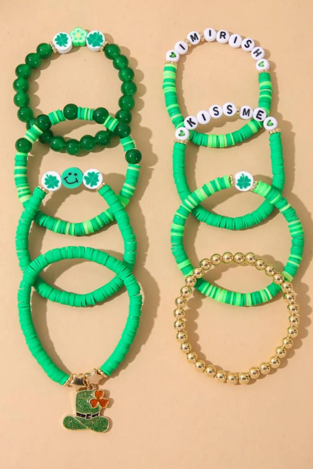 Fashion Dear-Lover St Patricks Shamrock Letter Beaded Multi Layer Bracelet Set Green