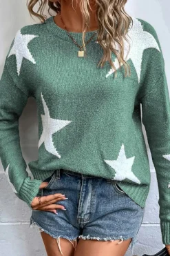 Fashion Dear-Lover Star Pattern Drop Shoulder Sweater Green