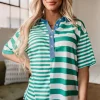 Sale Dear-Lover Colorblock Collar Half Buttons T Shirt Green Stripe