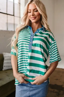 Sale Dear-Lover Colorblock Collar Half Buttons T Shirt Green Stripe