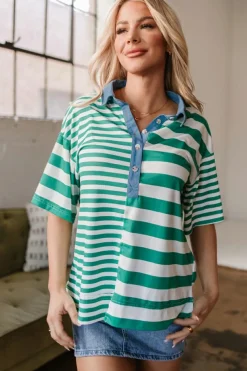 Sale Dear-Lover Colorblock Collar Half Buttons T Shirt Green Stripe
