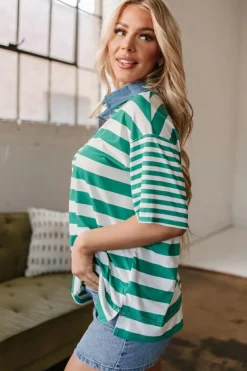 Sale Dear-Lover Colorblock Collar Half Buttons T Shirt Green Stripe