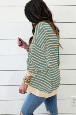 Clearance Dear-Lover Colorblock Drop Shoulder Oversize Sweatshirt Green Stripe