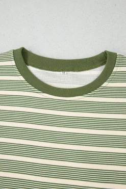 Clearance Dear-Lover Contrast Edge Short Batwing Sleeve T Shirt Green Stripe