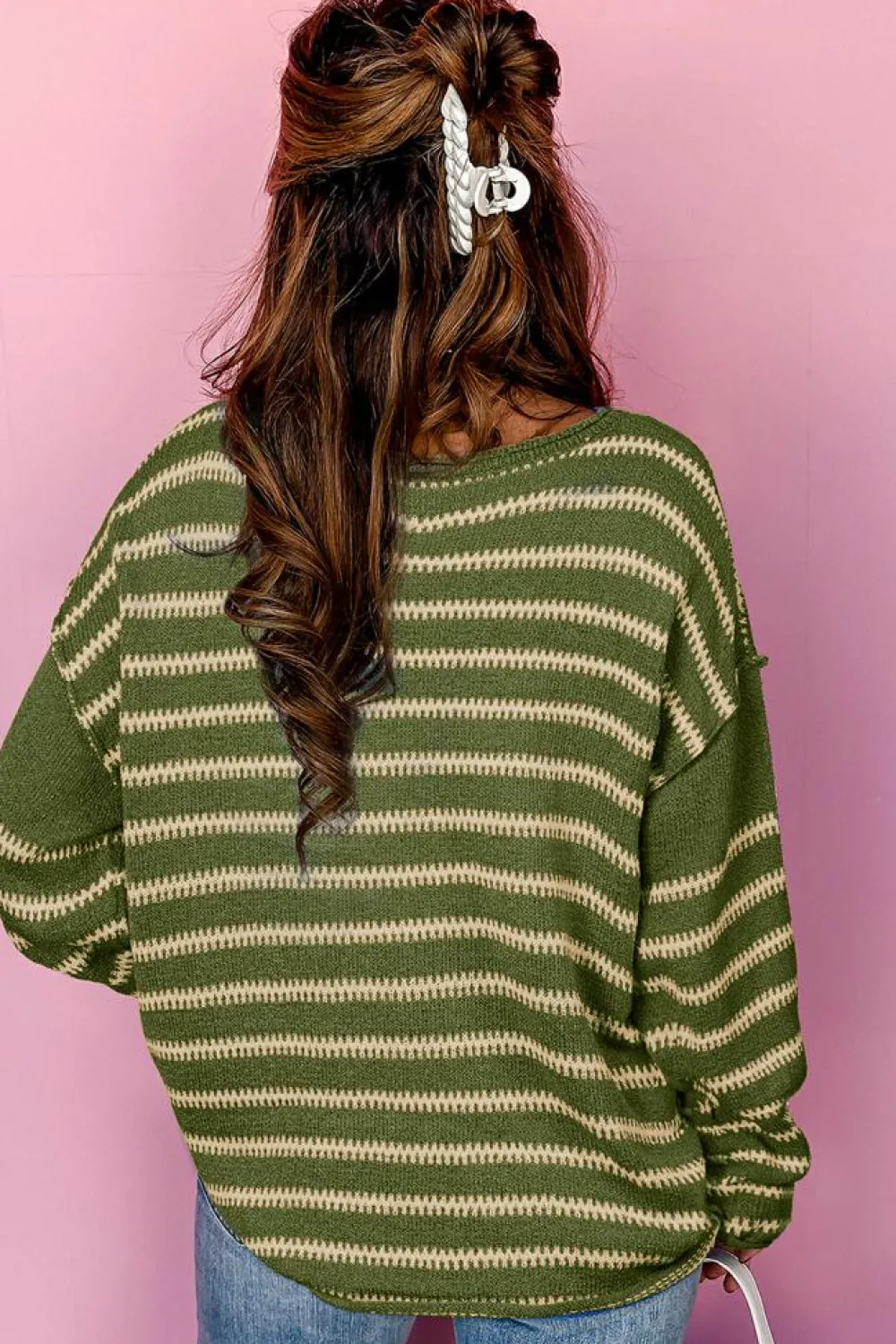 Discount Dear-Lover Drop Shoulder Casual Sweater Green Stripe