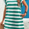 Hot Dear-Lover Flutter Sleeve Round Neck Shift Dress Green Stripe