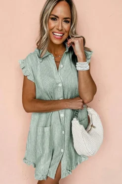 Fashion Dear-Lover Frilled Sleeveless Collar Front Pocket Button Up Mini Dress Green Stripe