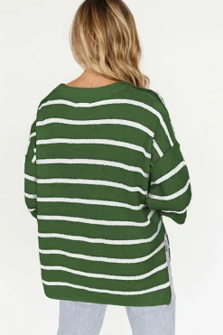 Outlet Dear-Lover Henley Buttoned Placket Drop Shoulder Bracelet Sleeve Knit Sweater Tee Green Stripe