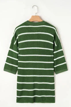 Outlet Dear-Lover Henley Buttoned Placket Drop Shoulder Bracelet Sleeve Knit Sweater Tee Green Stripe