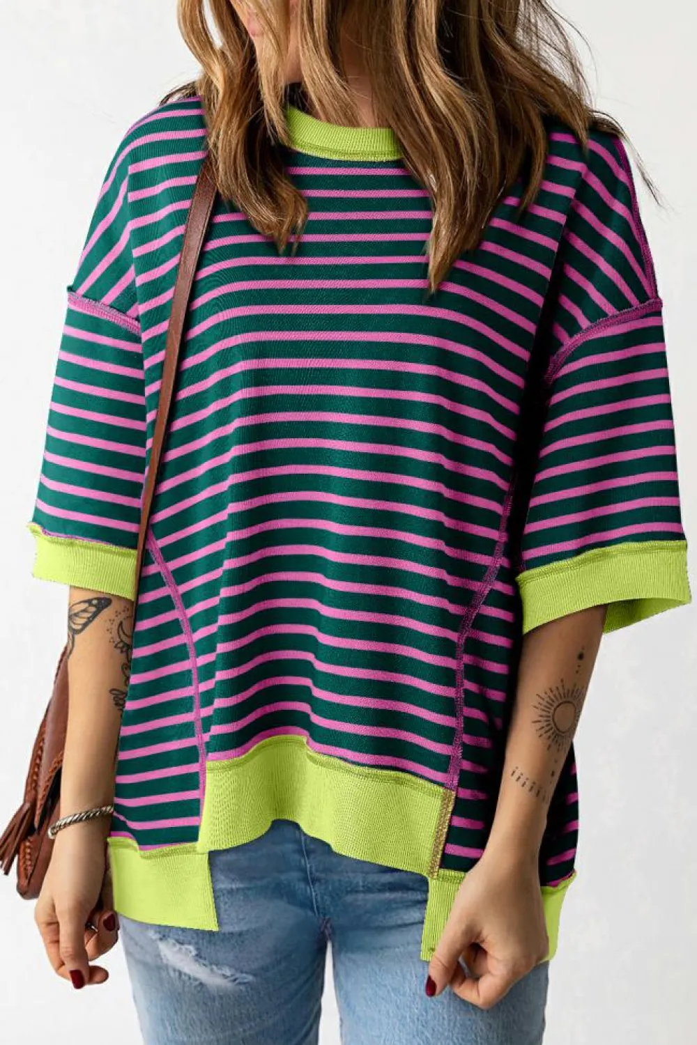 New Dear-Lover Oversized Contrast Trim Exposed Seam High Low T Shirt Green Stripe